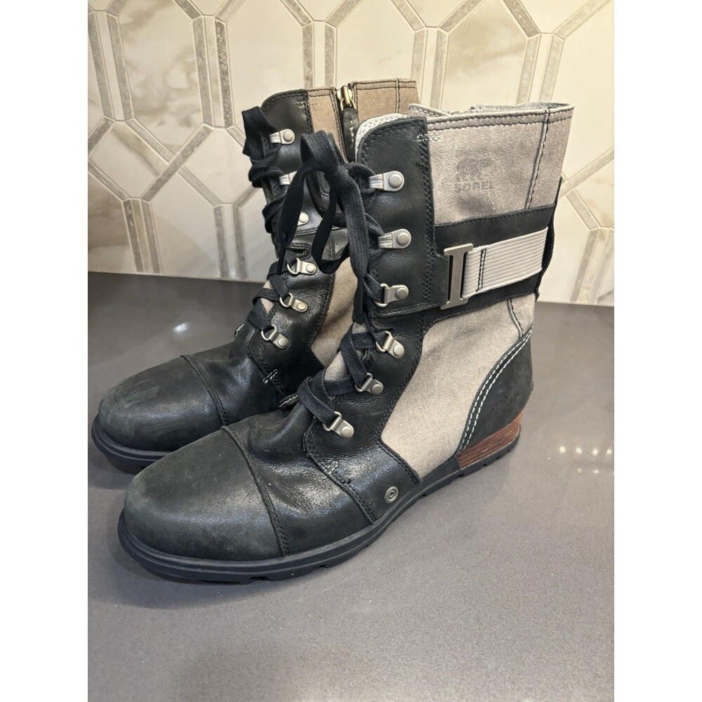 Sorel Major Carly Boots Black Grill Grey Women's 12 Canvas Leather Combat NL2157